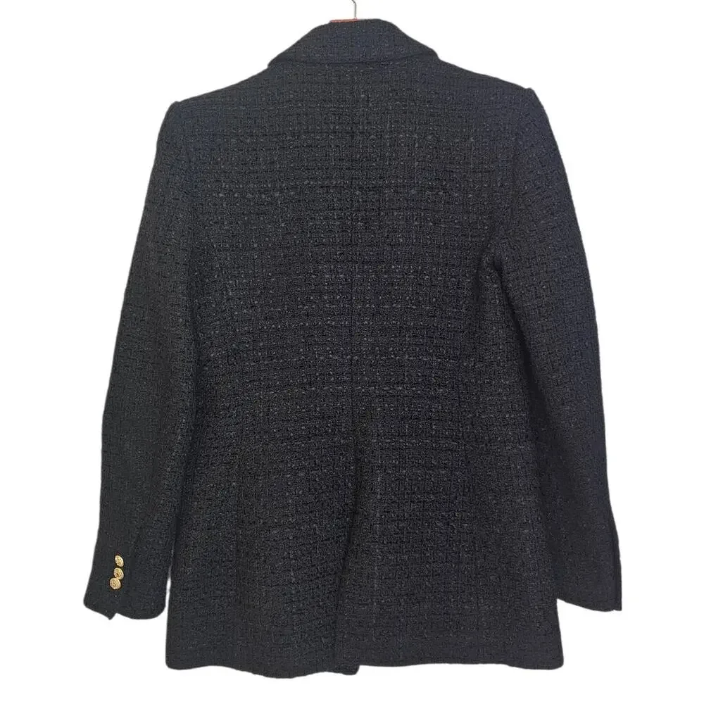 Zara Double Breasted Tweed Black Blazer with Gold Buttons Size Medium